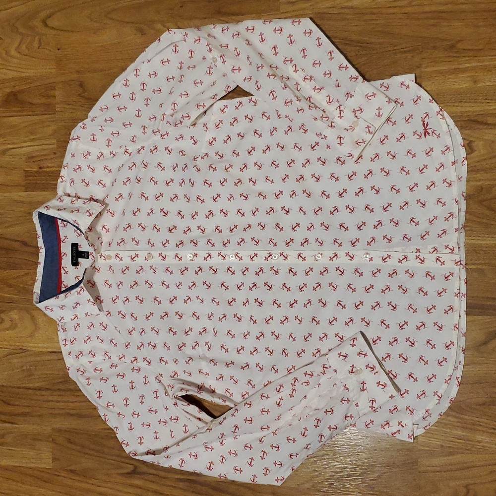 Talbots Nautical Anchor Print Button Down Long Sleeve Shirt Womens 8 Red White